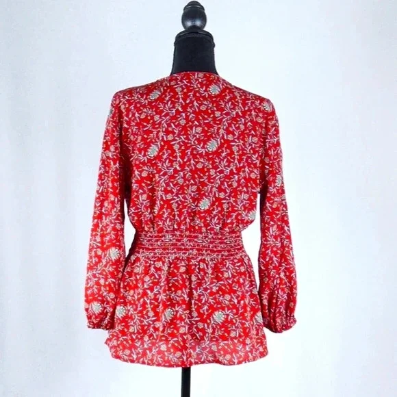 Max Studio Red Floral Blouse Long Sleeve Tie Front-Size M - Picture 5 of 8